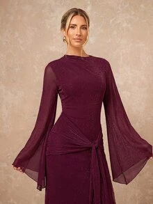 Lumalex Women's Extra Long Fitted Dress With Large Sleeves, Mesh Fabric, Flowy Tie Straps And Ribbon - Burgundy - View 10