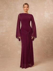 Lumalex Women's Extra Long Fitted Dress With Large Sleeves, Mesh Fabric, Flowy Tie Straps And Ribbon - Burgundy - View 11