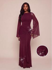 Lumalex Women's Extra Long Fitted Dress With Large Sleeves, Mesh Fabric, Flowy Tie Straps And Ribbon - Burgundy - View 12