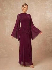 Lumalex Women's Extra Long Fitted Dress With Large Sleeves, Mesh Fabric, Flowy Tie Straps And Ribbon - Burgundy - View 7