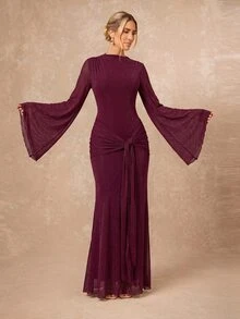 Lumalex Women's Extra Long Fitted Dress With Large Sleeves, Mesh Fabric, Flowy Tie Straps And Ribbon - Burgundy - View 13