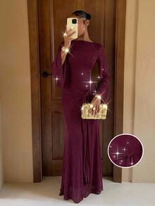 Lumalex Women's Extra Long Fitted Dress With Large Sleeves, Mesh Fabric, Flowy Tie Straps And Ribbon - Burgundy - View 2