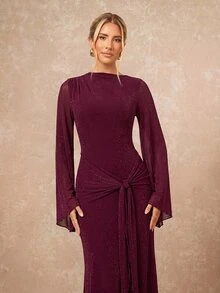Lumalex Women's Extra Long Fitted Dress With Large Sleeves, Mesh Fabric, Flowy Tie Straps And Ribbon - Burgundy - View 5