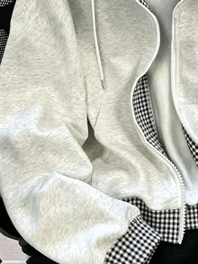Resyla 女款戶外休閒運動上衣，夏季新款，圖案刺繡黑白格紋雙層連帽衛衣 - 彩色 - 查看 4