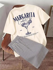 Daypath Men's Cup Pattern Short Sleeve T-Shirt And Striped Shorts Casual Daily Outfit Set - Apricot - View 1