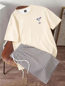 Daypath Men's Cup Pattern Short Sleeve T-Shirt And Striped Shorts Casual Daily Outfit Set - Apricot - View 2