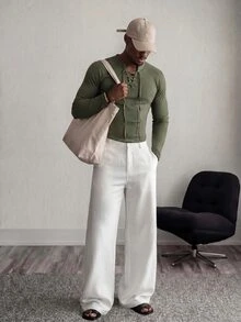 Mainfolk Men's Casual Knit Matte Ribbed Stand Collar Long Sleeve T-Shirt, Summer, Fall - Army Green - View 1