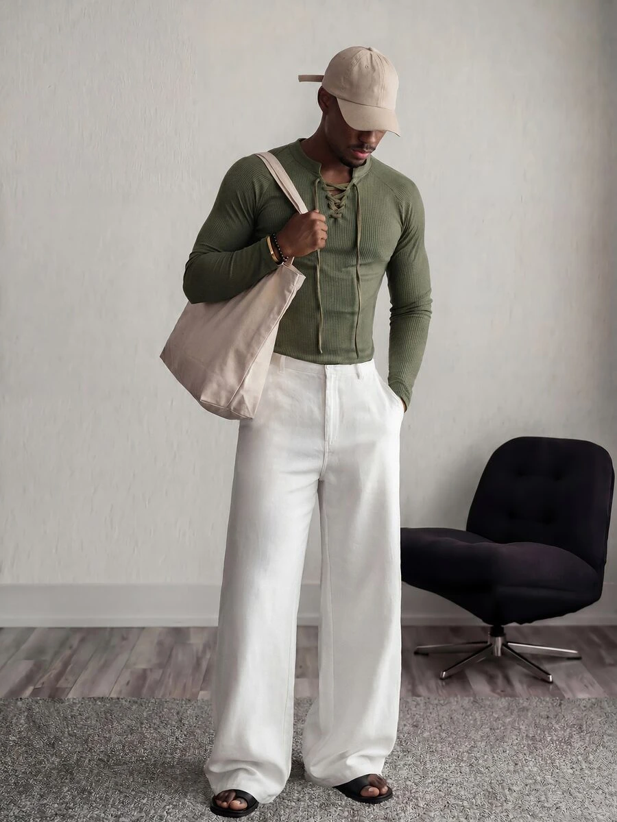 Mainfolk Men's Casual Knit Matte Ribbed Stand Collar Long Sleeve T-Shirt, Summer, Fall - Army Green - View 1