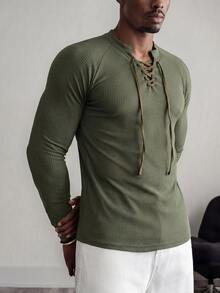 Mainfolk Men's Casual Knit Matte Ribbed Stand Collar Long Sleeve T-Shirt, Summer, Fall - Army Green - View 4