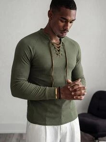 Mainfolk Men's Casual Knit Matte Ribbed Stand Collar Long Sleeve T-Shirt, Summer, Fall - Army Green - View 2