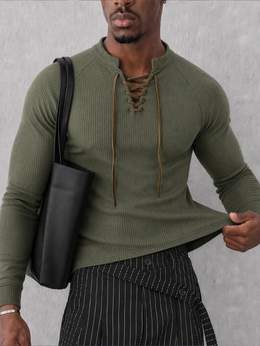 Mainfolk Men's Casual Knit Matte Ribbed Stand Collar Long Sleeve T-Shirt, Summer, Fall - Army Green - View 1