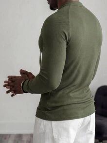 Mainfolk Men's Casual Knit Matte Ribbed Stand Collar Long Sleeve T-Shirt, Summer, Fall - Army Green - View 3