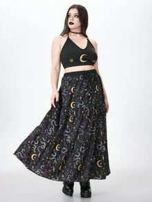 ROMWE Fairycore Plus Size Women's Sun Moon Star Print Halter Tie Top And Skirt Casual Vacation 2-Piece Set - Black - View 3