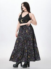 ROMWE Fairycore Plus Size Women's Sun Moon Star Print Halter Tie Top And Skirt Casual Vacation 2-Piece Set - Black - View 5