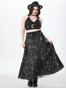 ROMWE Fairycore Plus Size Women's Sun Moon Star Print Halter Tie Top And Skirt Casual Vacation 2-Piece Set - Black - View 4