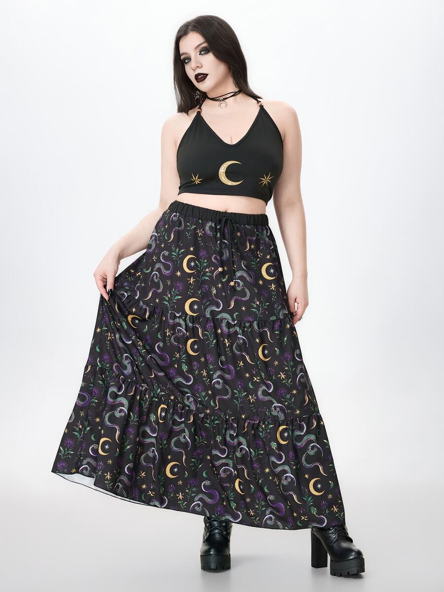 ROMWE Fairycore Plus Size Women's Sun Moon Star Print Halter Tie Top And Skirt Casual Vacation 2-Piece Set - Black - View 1
