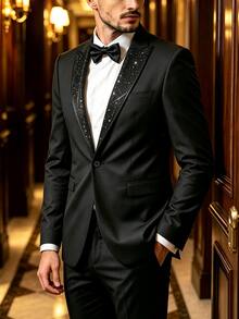 Calvornis Men's Patchwork Rhinestone Lapel Long Sleeve Jacket And Pants Party Occasion Suit Set - Multicolor - View 3