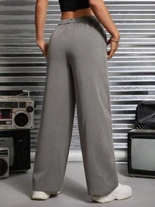 SHEIN PETITE Solid Slant Pocket Suit Pants In Summer Business Office Dark Grey Casual - Grey - View 2
