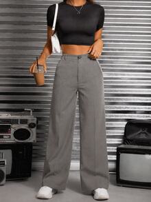 SHEIN PETITE Solid Slant Pocket Suit Pants In Summer Business Office Dark Grey Casual - Grey - View 5