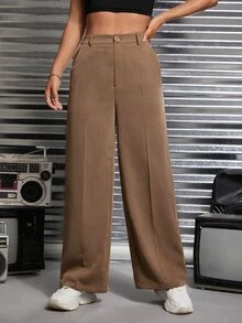 SHEIN PETITE 純色斜口袋西裝長褲 夏季教師節 辦公室工作商務 棕色系休閒款 - 卡其色 - 查看 4