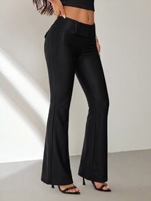 SHEIN PETITE بدلة نسائية بلون موحد كاجوال متعددة الاستخدامات للارتداء اليومي مع بنطال ساق واسع - رمادي غامق - مشاهدة 3