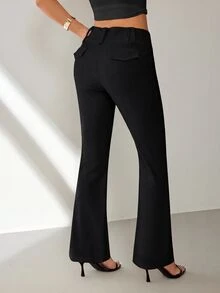 SHEIN PETITE بدلة نسائية بلون موحد كاجوال متعددة الاستخدامات للارتداء اليومي مع بنطال ساق واسع - رمادي غامق - مشاهدة 5