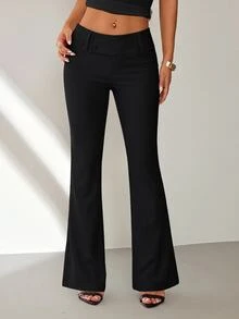 SHEIN PETITE بدلة نسائية بلون موحد كاجوال متعددة الاستخدامات للارتداء اليومي مع بنطال ساق واسع - رمادي غامق - مشاهدة 6