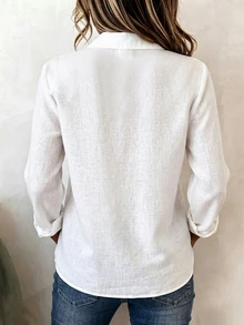 Zayélia 新款翻領V領設計百搭休閒鈕扣女式襯衫，適合早午餐與辦公室，白色，秋季 - 白色 - 查看 2