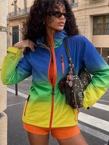 Modviera Women's Gradient Color Zipper Front Hooded Outdoor Softshell Jacket - Blue - View 7