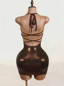 Mistrie European American Sexy Style Brown Glossy Halter Neck Mini Dress With Front Tie-Up Hollow Out Slim Fit Slit Bodycon Party Club Summer Halloween - Brown - View 4