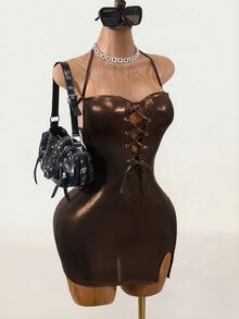 Mistrie European American Sexy Style Brown Glossy Halter Neck Mini Dress With Front Tie-Up Hollow Out Slim Fit Slit Bodycon Party Club Summer Halloween - Brown - View 6