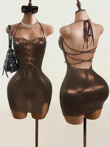 Mistrie European American Sexy Style Brown Glossy Halter Neck Mini Dress With Front Tie-Up Hollow Out Slim Fit Slit Bodycon Party Club Summer Halloween - Brown - View 2