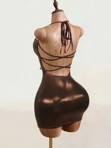 Mistrie European American Sexy Style Brown Glossy Halter Neck Mini Dress With Front Tie-Up Hollow Out Slim Fit Slit Bodycon Party Club Summer Halloween - Brown - View 3