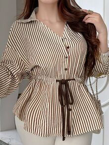 Vibekara Plus Size Loose Casual Striped Belt Shirt, Autumn/Winter - Brown - View 1