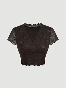 SHEIN MOD 女款蕾絲V領短袖修身時尚上衣，適合節慶、返校季、牛仔風、鄉村風、度假，浪漫優雅夏季棕色上衣 - 棕色 - 查看 1