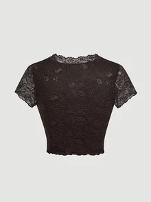 SHEIN MOD 女款蕾絲V領短袖修身時尚上衣，適合節慶、返校季、牛仔風、鄉村風、度假，浪漫優雅夏季棕色上衣 - 棕色 - 查看 3