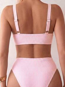Swim Vcay Women's Summer Beach Striped Bikini Set - Pink - View 2