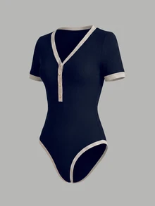 Franclia Women's Plus Size Striped Colorblock Button Short Sleeve Bodysuit - Navy Blue - View 4