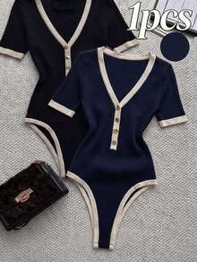 Franclia Women's Plus Size Striped Colorblock Button Short Sleeve Bodysuit - Navy Blue - View 1