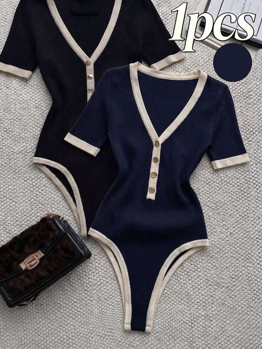 Franclia Women's Plus Size Striped Colorblock Button Short Sleeve Bodysuit - Navy Blue - View 1