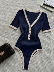 Franclia Women's Plus Size Striped Colorblock Button Short Sleeve Bodysuit - Navy Blue - View 5