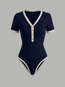 Franclia Women's Plus Size Striped Colorblock Button Short Sleeve Bodysuit - Navy Blue - View 3
