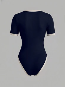 Franclia Women's Plus Size Striped Colorblock Button Short Sleeve Bodysuit - Navy Blue - View 2