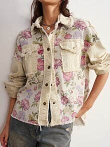 Bohemela Women's Fall/Winter Casual Woven Vintage Print Patchwork Loose-Fit Washed Jacket./Country/Holiday /Going Out/Country/Halloween/New Year - Pink - View 3