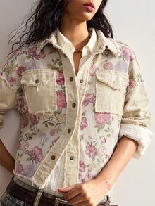 Bohemela Women's Fall/Winter Casual Woven Vintage Print Patchwork Loose-Fit Washed Jacket./Country/Holiday /Going Out/Country/Halloween/New Year - Pink - View 1