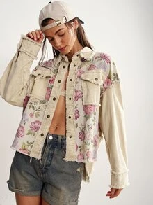 Bohemela Women's Fall/Winter Casual Woven Vintage Print Patchwork Loose-Fit Washed Jacket./Country/Holiday /Going Out/Country/Halloween/New Year - Pink - View 7