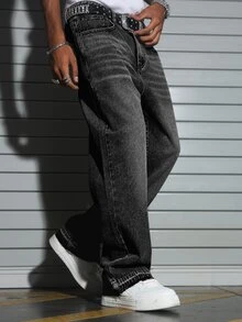 Manfinity EMRG Men's American Casual Commute Small Design Cement Gray Washed Loose Straight Wide Leg Pants - Dark Grey - View 3