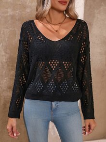 SHEIN French Style Solid Color Hollow Out Knitted Casual Sweater For Women, Fall Winter - Black - View 7