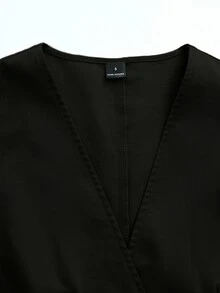 SHEIN Women's Pure Cotton Short Sleeve Top With Front Button Cross Deep V-Neck, Suitable For Spring/Summer Daily Wear, Elegant Smart Parties Brunch, Black - Black - View 8