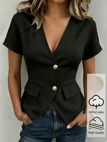 SHEIN Women's Pure Cotton Short Sleeve Top With Front Button Cross Deep V-Neck, Suitable For Spring/Summer Daily Wear, Elegant Smart Parties Brunch, Black - Black - View 4